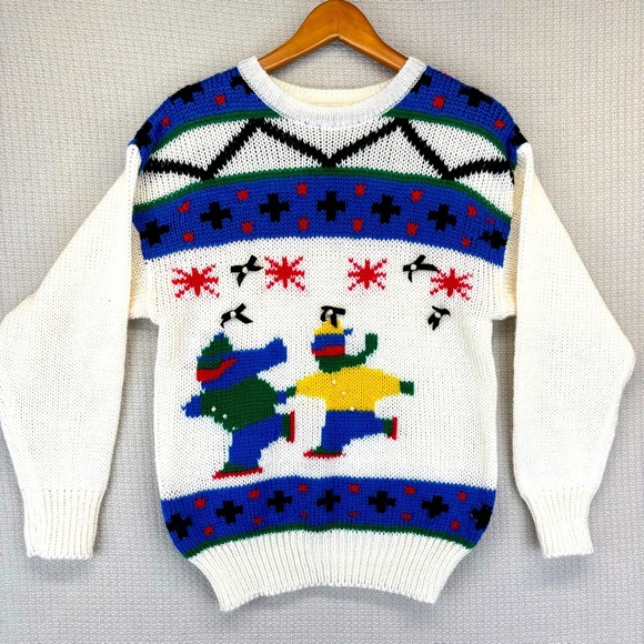 Adell Barre Small Novelty Christmas Winter Knit Sweater Granny Cottage Ice Skate - Picture 1 of 7